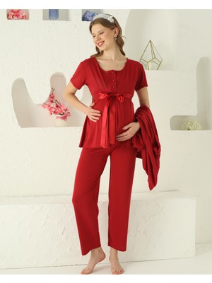 Jenika Collection Jenika Hamile Yuvarlak Yakalı Açılabilir Düğmeli Kolları Dantel Detay Saten Kuşaklı 3 Lü Pijama Takım