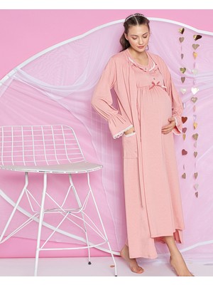 Jenika Collection Somon Renk Fırfır Dantel Detaylı 2 Li Sabahlıklı Hamile Gecelik Takım