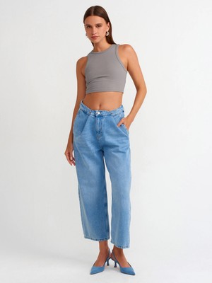 Kemeri Ayarlanabilir Kısa Balon Denim Pantolon-Mavi