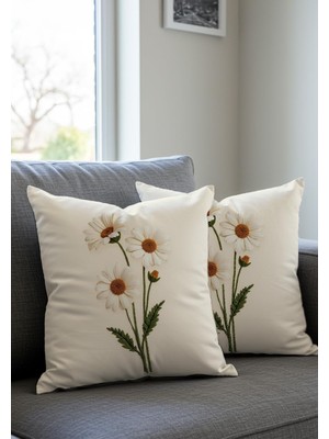 Hepta Collection Punch Nakış Desen Dijital Baskılı Dekoratif Papatya Desenli Kadife Kırlent Kılıfı, 2'li Set, Krem Ze