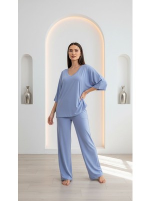 Bol Kesim V Yaka Yarım Kollu Pijama Takımı (Büyük Beden)