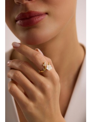 Nereze 925 Ayar Gümüş Ayarlanabilir Gold Kaplama Dallı Manolya Çiçeği Yüzük