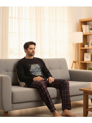 Genel Erkek Ekose Desenli Uzun Kollu Sıfır Yaka Pijama Takımı