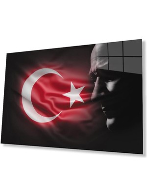 idealizbiz Atatürk Bayrak Atatürk Silüetli Gölgesiz Siyah Fonlu Cam Tablo 4mm Dayanıklı Temperli Cam Atatürk