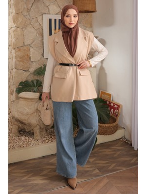 İmaj Butik Bej Omuzu Dik Vatkalı Kemerli Astarlı Yelek