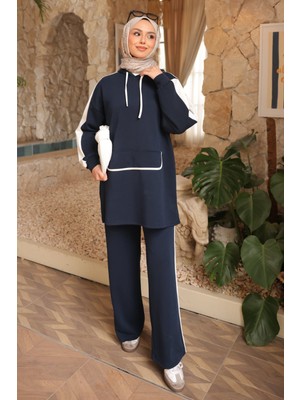 İmaj Butik Lacivert Kapüşonlu Renk Bloklu Tunik Pantolonlu Takım