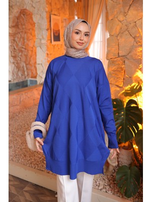 İmaj Butik Saks Mavi Bisiklet Yaka Soğuk Iplik Triko Tunik