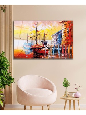 idealizbiz Soyut Manzara Deniz ve Gemi Cam Tablo , Ev Ofis Salon Hediyelik Duvar Dekoru