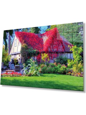 idealizbiz Mor Çiçekli Ev Cam Tablo 4mm Dayanıklı Temperli Cam, Purple Flowers House Glass Wall Decor