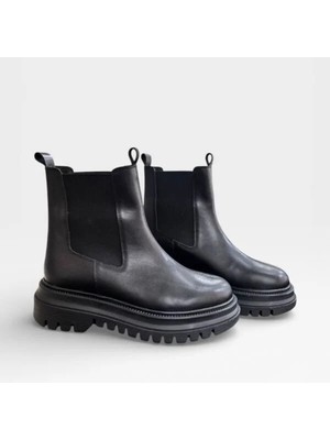 Ne&Ve Shoes Siyah Hakiki Deri Iki Yandan Lastikli Kadın Kalın Tabanlı Rahat Chelsea Bot