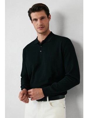 Kiğılı Regular Fit Polo Yaka Siyah Düz Triko Kazak Erkek Günlük Kullanım İçin