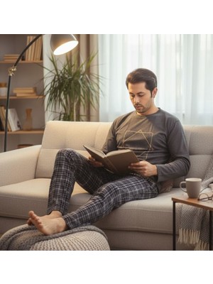 Genel Erkek Ekose Desenli Uzun Kollu Sıfır Yaka Pijama Takımı