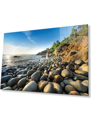 idealizbiz Deniz Kenarı Taşlar Kadın Yaz Cam Tablo 4mm Dayanıklı Temperli Cam Seaside Stones Women Summer Glas