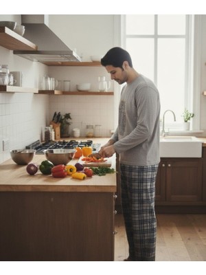 Genel Erkek Ekose Desenli Uzun Kollu Sıfır Yaka Pijama Takımı