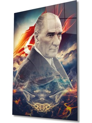 idealizbiz Atatürk Portre ve Türk Bayrağı Cam Tablo Modern Ev Ofis Salon Hediyelik Büyük Tablo Duvar Dekoru