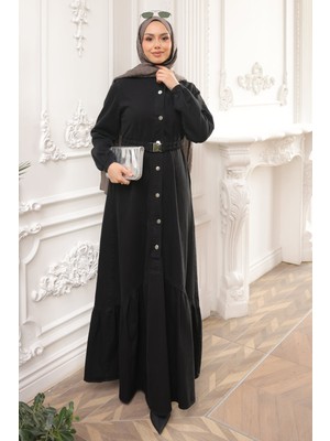 İmaj Butik Siyah Düğmeli Lastik Kemerli Kot Elbise