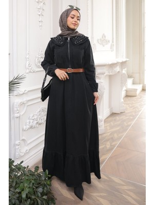 İmaj Butik Siyah Yaka Taşlı Yarım Fermuarlı Kemerli Kot Elbise