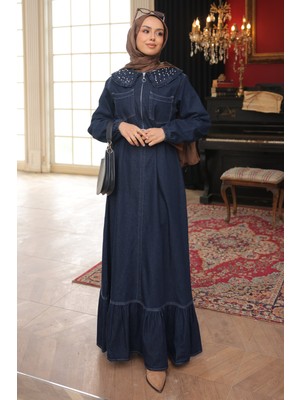İmaj Butik Lacivert Yaka Taşlı Yarım Fermuarlı Kemerli Kot Elbise