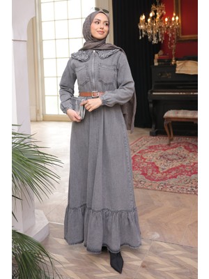 İmaj Butik Füme Yaka Taşlı Yarım Fermuarlı Kemerli Kot Elbise