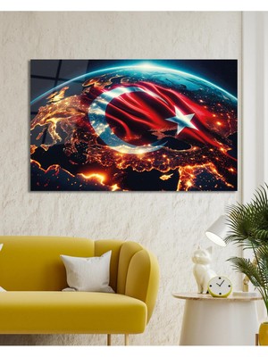 idealizbiz Bayrak Desenli Cam Tablo Modern Ofis Makam Odası Hediyelik Büyük Tablo Duvar Dekoru