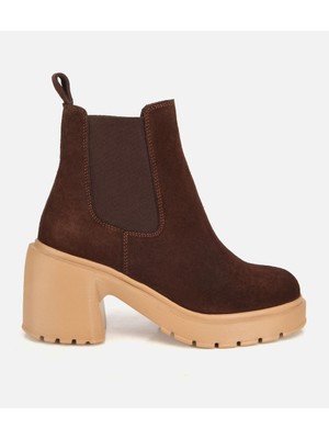 Hotiç 01BOH318530A480 KADIN Süet Deri Kahverengi Lastik Detaylı Topuklu Bot