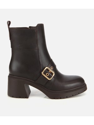 Hotiç Kadın Deri Kahverengi Tokalı Kalın Tabanlı Topuklu Bot