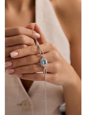 Nereze 925 Ayar Gümüş Rodyum Kaplama Kelepçe Model Baget Aquamarin Tektaş Bileklik