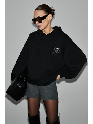 Grimelange Asterelle Kadın Pamuklu Içi Polarlı Oversize Kapüşonlu Sırtcı Patch Detaylı Siyah Sweatshirt