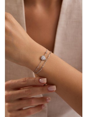 Nereze 925 Ayar Gümüş Rodyum Kaplama Çift Zincirli Tektaş Kalp Model Bileklik