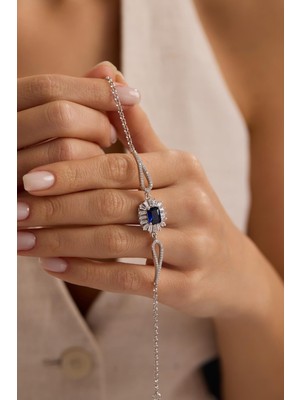 Nereze 925 Ayar Gümüş Rodyum Kaplama Kelepçe Model Baget Mavi Tektaş Bileklik