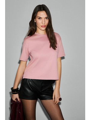 Grimelange Colena Kadın Organik Pamuklu Bisiklet Yaka Oversize Fit Kısa Kollu Pembe T-Shirt