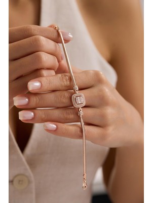 Nereze 925 Ayar Gümüş Balık Sırtı Model Zincirli Rose Kaplama Çerçeveli Baget Taşlı Bileklik