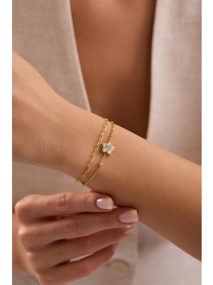 Nereze 925 Ayar Gümüş Gold Kaplama Çift Zincirli Çiçek Model Bileklik