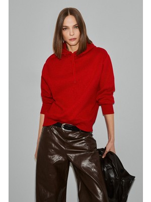 Grimelange Redony Kadın Organik Pamuklu Içi Polarlı Kapüşonlu Yaka Brit Detaylı Regular Kırmızı Sweatshirt