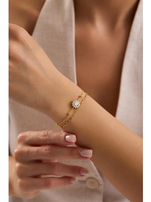 Nereze 925 Ayar Gümüş Gold Kaplama Çift Zincirli Pırlanta Montür Tektaş Bileklik