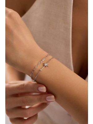 Nereze 925 Ayar Gümüş Rodyum Kaplama Çift Zincirli Kutup Yıldızı Model Bileklik