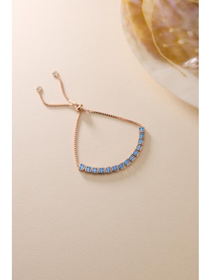Nereze 925 Ayar Gümüş Rose Kaplama Ayarlanabilir Asansörlü  Sıralı Kare Aquamarin Taşlı Bileklik
