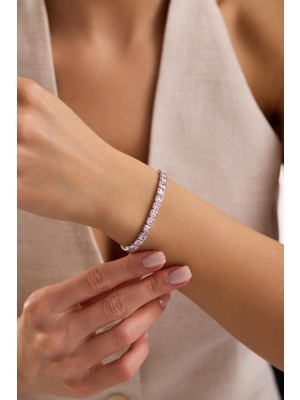 Nereze 925 Ayar Gümüş Rodyum Kaplama Ayarlanabilir Asansörlü  Sıralı Kare Pembe Taşlı Bileklik