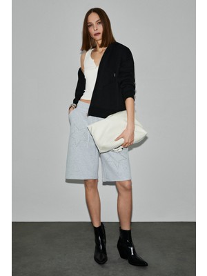 Grimelange Starz Kadın Pamuklu Beli Lastikli Kordonlu Çift Cepli Taş Detaylı Oversize Grimelanj Şort & Bermuda