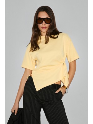 Grimelange Corıan Kadın Organik Pamuklu Yuvarlak Yakalı Büzgü ve Kordon Detaylı Regular Sarı Bluz