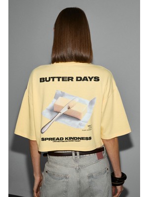 Grimelange Junarıve Kadın Organik Pamuklu Bisiklet Yaka Baskılı Kısa Kollu Sarı T-Shirt