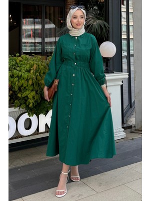 Tesettür Diyarı Yazlık Rapalin Elbise- Zümrüt Yeşili