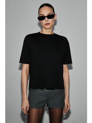 Grimelange Colena Kadın Organik Pamuklu Bisiklet Yaka Oversize Fit Kısa Kollu Siyah T-Shirt