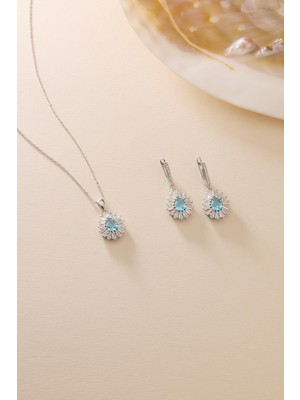 Nereze 925 Ayar Gümüş Set Rodyum Kaplama Damla Aquamarin Taşlı Kolye ve Küpe