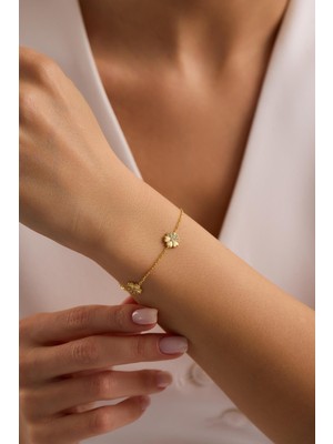 Nereze 925 Ayar Gümüş Gold Kaplama 3'lü Minimal Kırçiçeği Bileklik