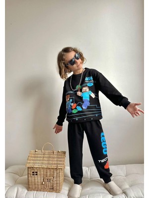 Cg Kids Minecraft LEGO Siyah Erkek Çocuk 2 Iplik Alt Üst Takım Süper Kalite Baskı Kumaş