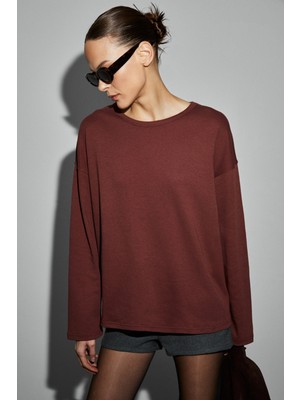 Grimelange Neat Kadın Organik Pamuklu Bisiklet Yaka Oversize Fit Uzun Kollu Kiremit Rengi T-Shirt