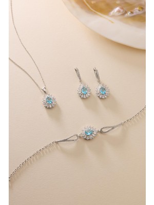 Nereze 925 Ayar Gümüş Set Rodyum Kaplama Damla Aquamarin Taşlı Kolye,bileklik ve Küpe