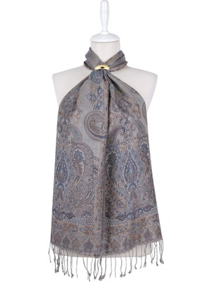 Bursa İpek Gri Mor Jamawar Dokuma Ipek Fular