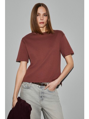 Grimelange Colena Kadın Organik Pamuklu Bisiklet Yaka Oversize Fit Kısa Kollu Kiremit Rengi T-Shirt